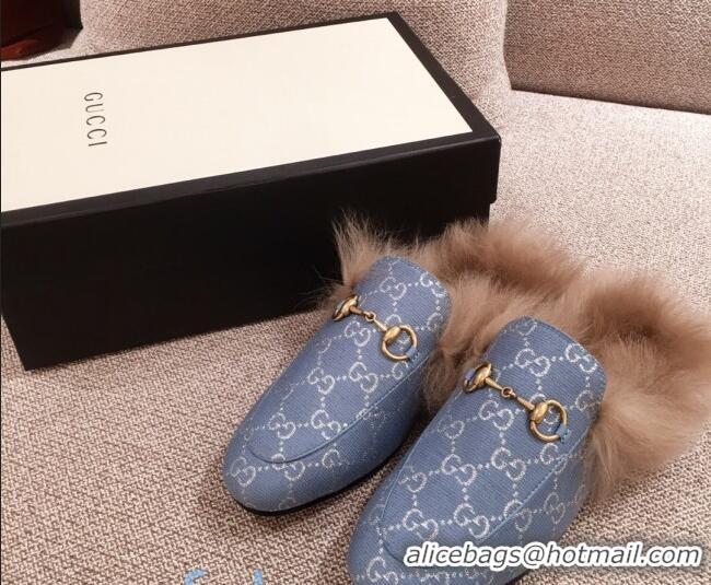 Stylish Gucci Princetown GG Silver Lamé Wool Slipper 00946 Light Blue 2020