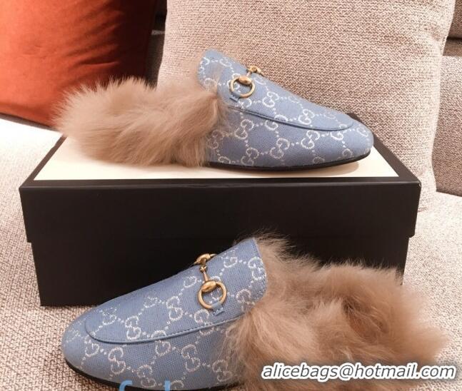 Stylish Gucci Princetown GG Silver Lamé Wool Slipper 00946 Light Blue 2020