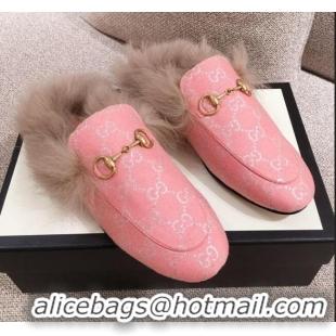 Perfect Gucci Princetown GG Silver Lamé Wool Slipper 00946 Pink 2020