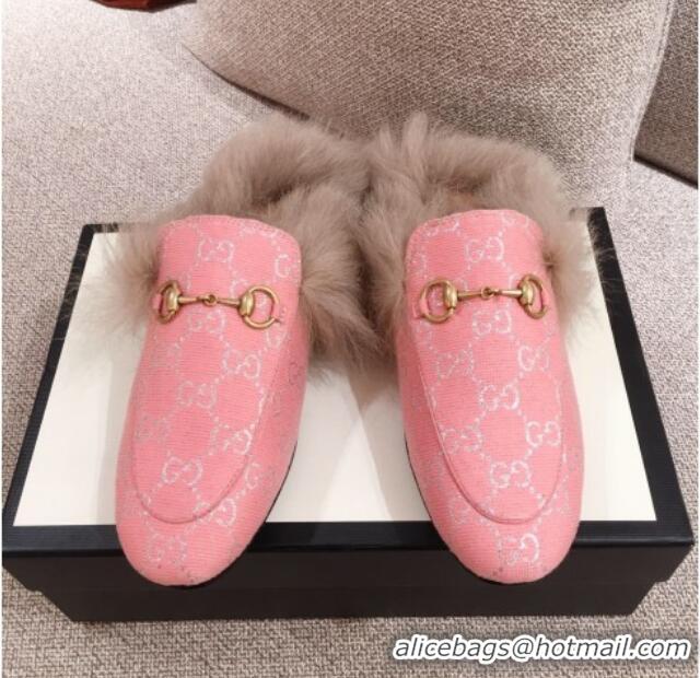 Perfect Gucci Princetown GG Silver Lamé Wool Slipper 00946 Pink 2020