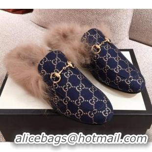 Best Price Gucci Princetown GG Silver Lamé Wool Slipper 00952 Navy Blue 2020