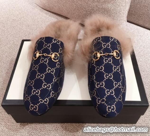 Best Price Gucci Princetown GG Silver Lamé Wool Slipper 00952 Navy Blue 2020