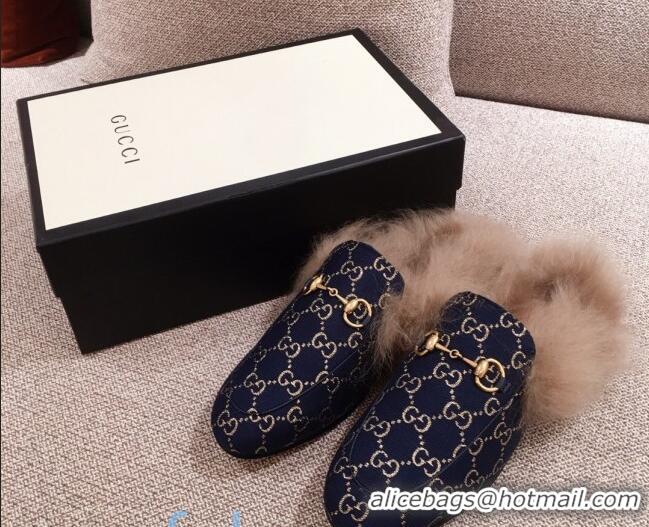 Best Price Gucci Princetown GG Silver Lamé Wool Slipper 00952 Navy Blue 2020