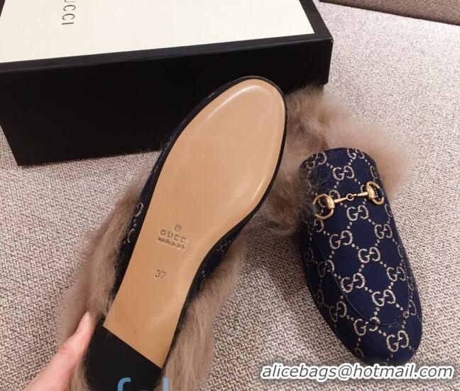 Best Price Gucci Princetown GG Silver Lamé Wool Slipper 00952 Navy Blue 2020