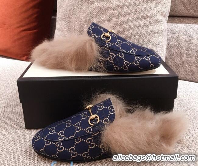 Best Price Gucci Princetown GG Silver Lamé Wool Slipper 00952 Navy Blue 2020