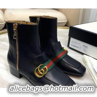 Stylish Gucci Calfskin Zip Heel Short Boots with GG Web 00946 Black/Green/Red 2020