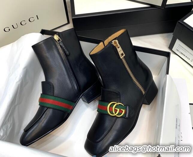 Stylish Gucci Calfskin Zip Heel Short Boots with GG Web 00946 Black/Green/Red 2020