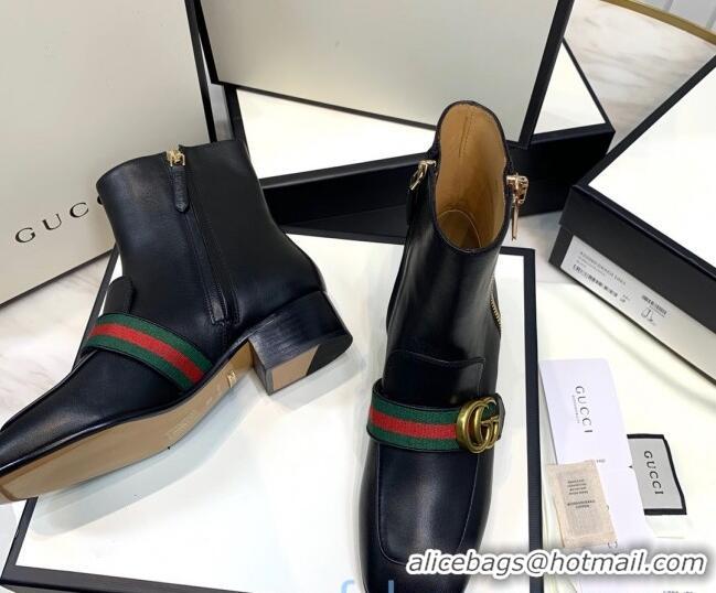 Stylish Gucci Calfskin Zip Heel Short Boots with GG Web 00946 Black/Green/Red 2020