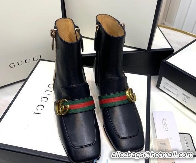 Stylish Gucci Calfskin Zip Heel Short Boots with GG Web 00946 Black/Green/Red 2020