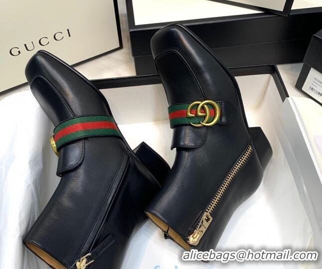 Stylish Gucci Calfskin Zip Heel Short Boots with GG Web 00946 Black/Green/Red 2020