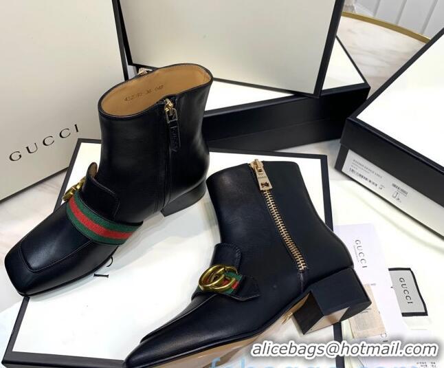 Stylish Gucci Calfskin Zip Heel Short Boots with GG Web 00946 Black/Green/Red 2020