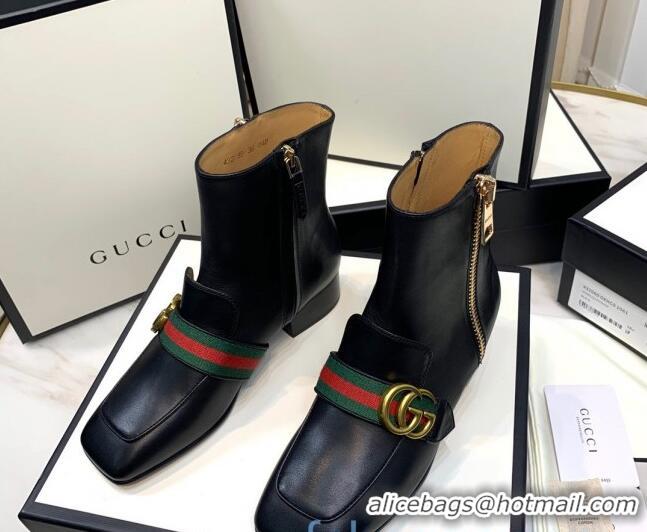 Stylish Gucci Calfskin Zip Heel Short Boots with GG Web 00946 Black/Green/Red 2020