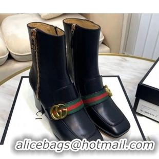 Hot Style Gucci Calfskin Zip Heel Short Boots with GG Web 00947 Black/Green/Red 2020