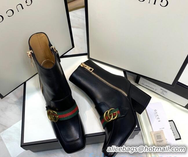 Hot Style Gucci Calfskin Zip Heel Short Boots with GG Web 00947 Black/Green/Red 2020