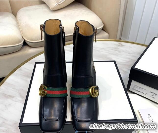 Hot Style Gucci Calfskin Zip Heel Short Boots with GG Web 00947 Black/Green/Red 2020