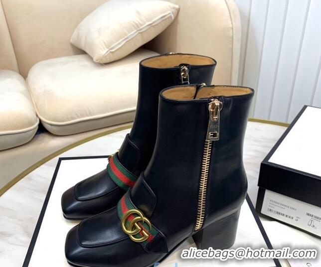 Hot Style Gucci Calfskin Zip Heel Short Boots with GG Web 00947 Black/Green/Red 2020