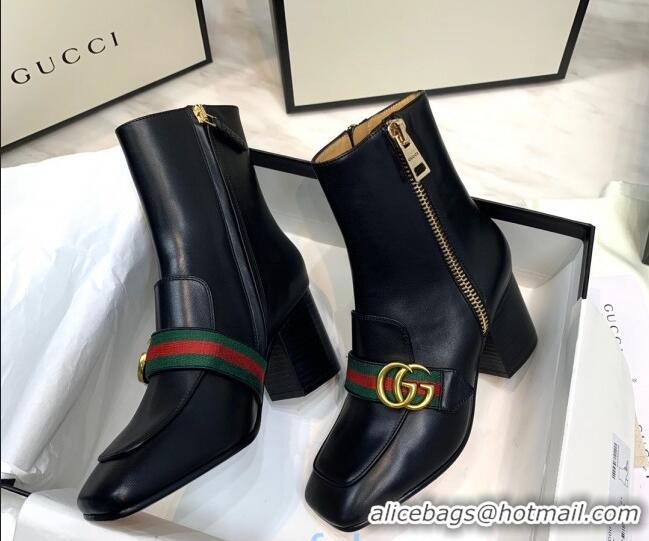 Hot Style Gucci Calfskin Zip Heel Short Boots with GG Web 00947 Black/Green/Red 2020