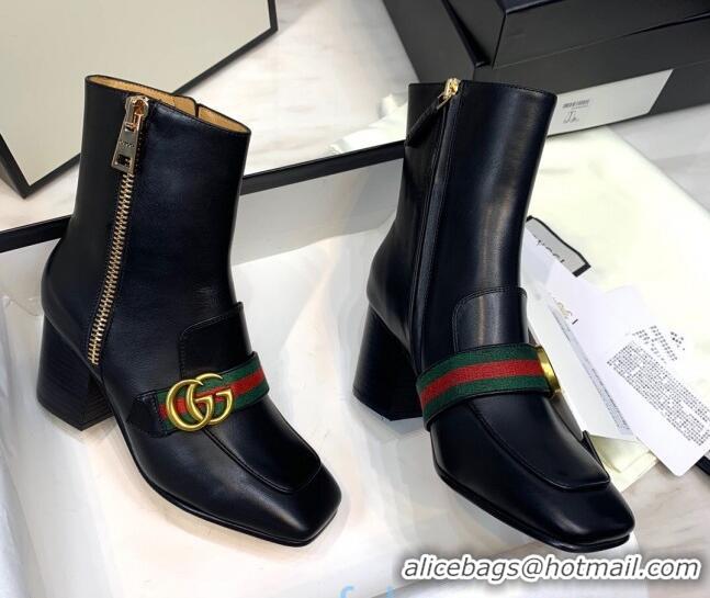 Hot Style Gucci Calfskin Zip Heel Short Boots with GG Web 00947 Black/Green/Red 2020