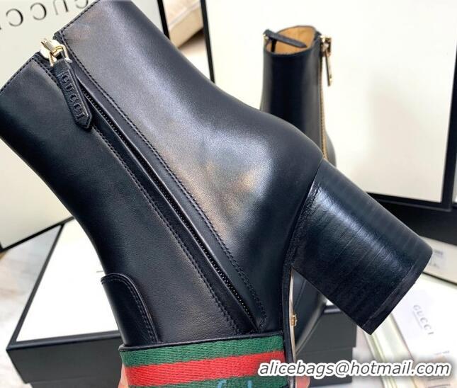 Hot Style Gucci Calfskin Zip Heel Short Boots with GG Web 00947 Black/Green/Red 2020