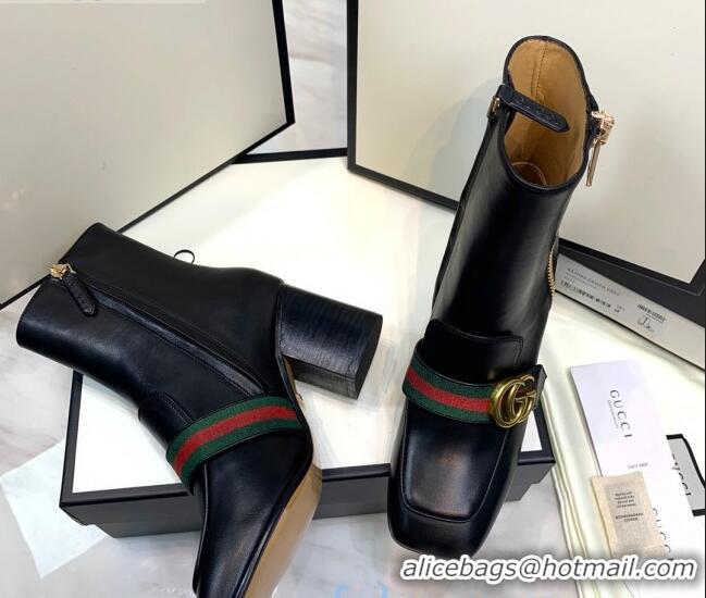 Hot Style Gucci Calfskin Zip Heel Short Boots with GG Web 00947 Black/Green/Red 2020