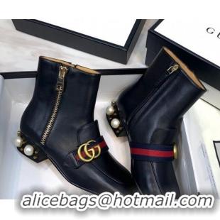 New Stylish Gucci Calfskin Zip Pearl Heel Short Boots with GG Web 00947 Black/Blue/Red 2020