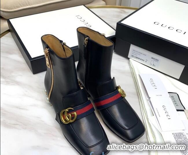 New Stylish Gucci Calfskin Zip Pearl Heel Short Boots with GG Web 00947 Black/Blue/Red 2020