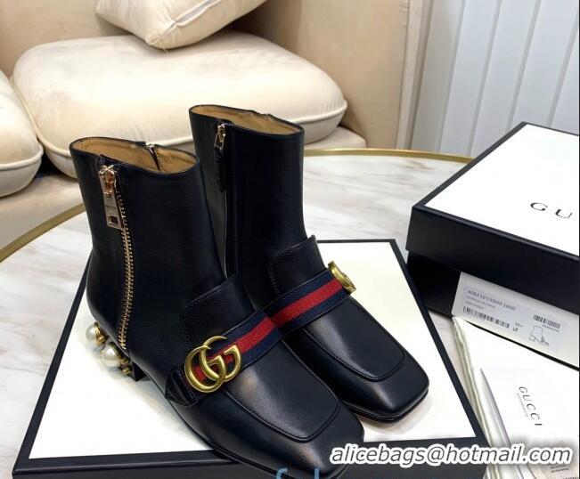 New Stylish Gucci Calfskin Zip Pearl Heel Short Boots with GG Web 00947 Black/Blue/Red 2020