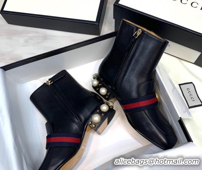 New Stylish Gucci Calfskin Zip Pearl Heel Short Boots with GG Web 00947 Black/Blue/Red 2020