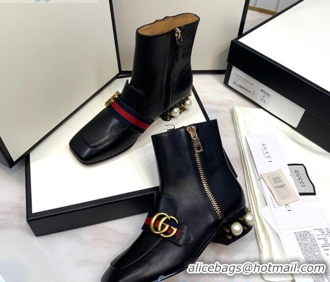 New Stylish Gucci Calfskin Zip Pearl Heel Short Boots with GG Web 00947 Black/Blue/Red 2020