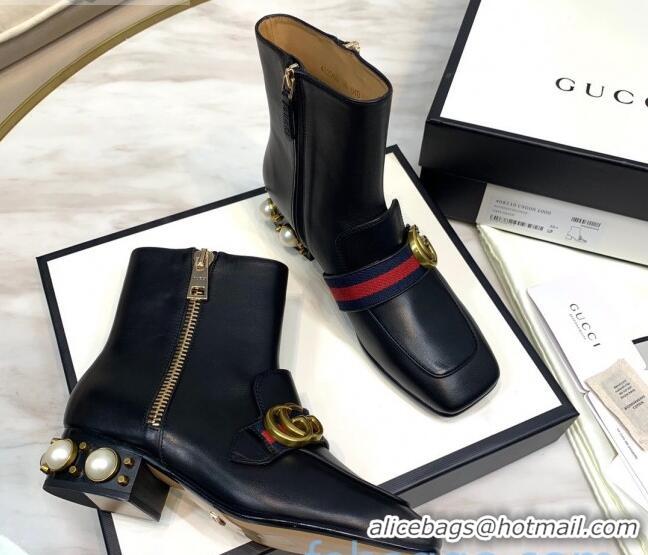 New Stylish Gucci Calfskin Zip Pearl Heel Short Boots with GG Web 00947 Black/Blue/Red 2020