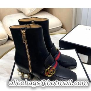 New Fashion Gucci Calfskin Zip Pearl Heel Short Boots with GG Web 00949 Black/Blue/Red 2020