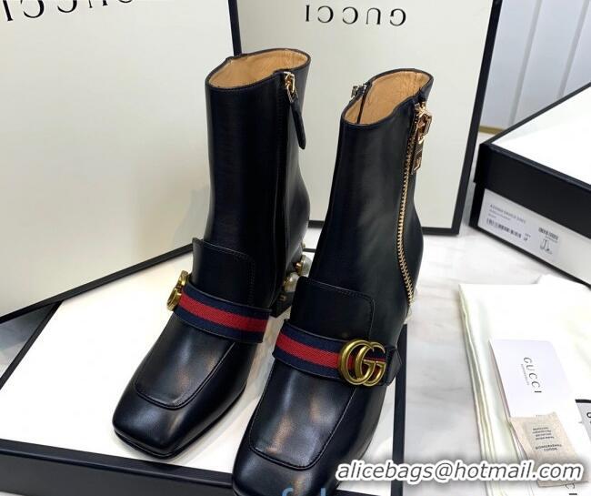 New Fashion Gucci Calfskin Zip Pearl Heel Short Boots with GG Web 00949 Black/Blue/Red 2020