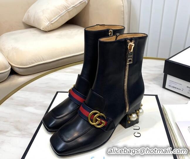 New Fashion Gucci Calfskin Zip Pearl Heel Short Boots with GG Web 00949 Black/Blue/Red 2020