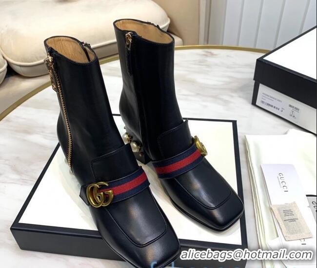 New Fashion Gucci Calfskin Zip Pearl Heel Short Boots with GG Web 00949 Black/Blue/Red 2020