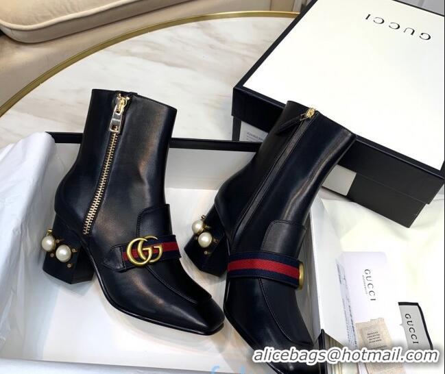 New Fashion Gucci Calfskin Zip Pearl Heel Short Boots with GG Web 00949 Black/Blue/Red 2020