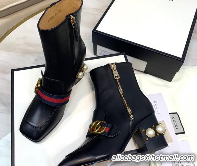 New Fashion Gucci Calfskin Zip Pearl Heel Short Boots with GG Web 00949 Black/Blue/Red 2020