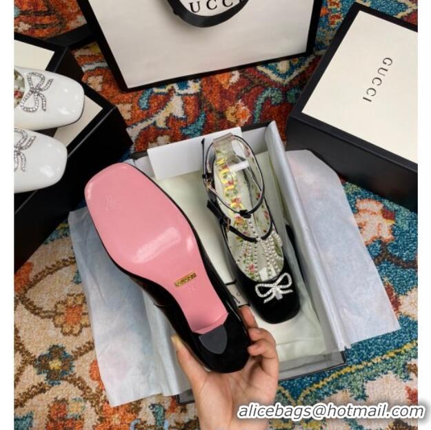 Best Quality Gucci Patent Leathe Mary Jane Pump/Ballerina with Pearl Tassel and Crystal Bow 91120 Black 2020 