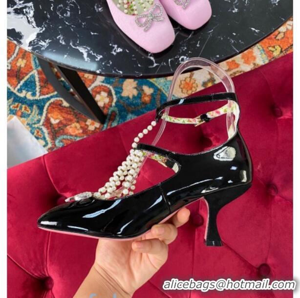 Best Quality Gucci Patent Leathe Mary Jane Pump/Ballerina with Pearl Tassel and Crystal Bow 91120 Black 2020 