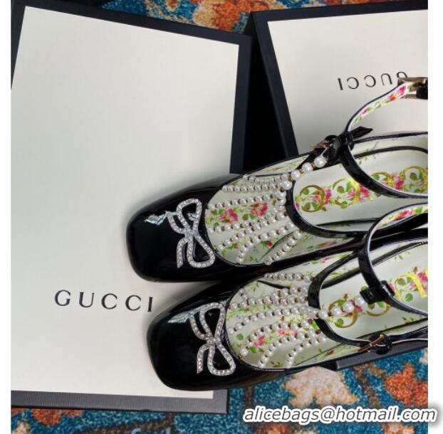 Best Quality Gucci Patent Leathe Mary Jane Pump/Ballerina with Pearl Tassel and Crystal Bow 91120 Black 2020 