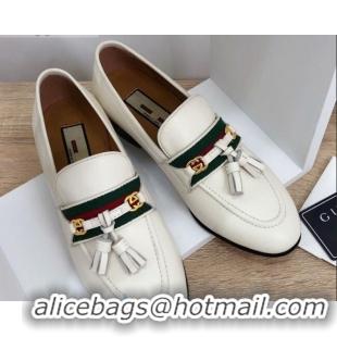 Charming Gucci Loafer with Web and Tassel 91139 White 2020