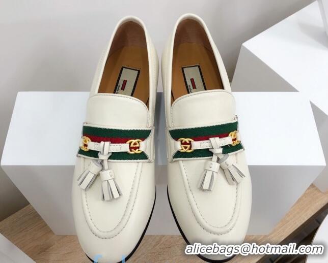 Charming Gucci Loafer with Web and Tassel 91139 White 2020