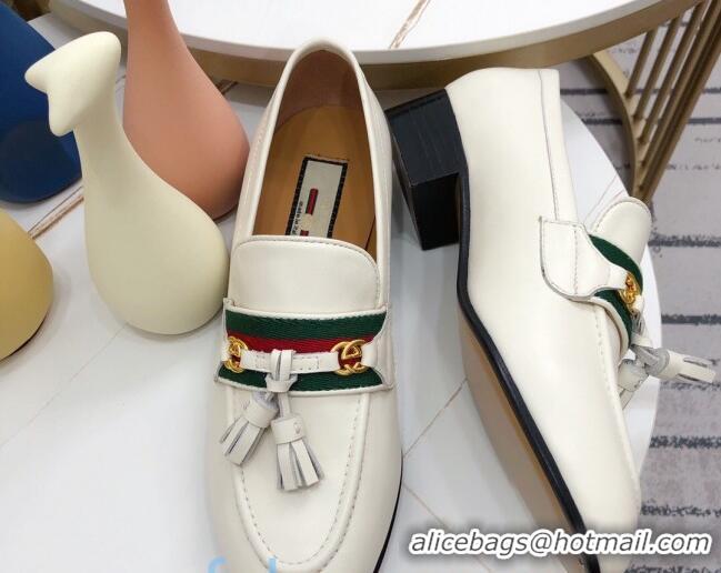 Charming Gucci Loafer with Web and Tassel 91139 White 2020