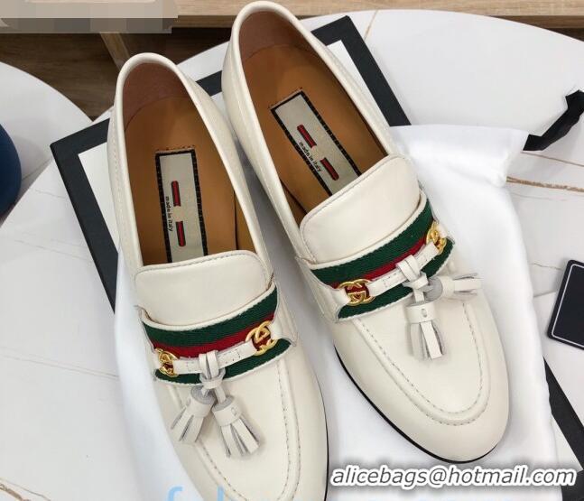 Charming Gucci Loafer with Web and Tassel 91139 White 2020