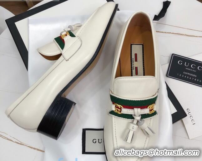 Charming Gucci Loafer with Web and Tassel 91139 White 2020