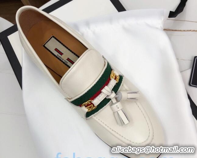 Charming Gucci Loafer with Web and Tassel 91139 White 2020