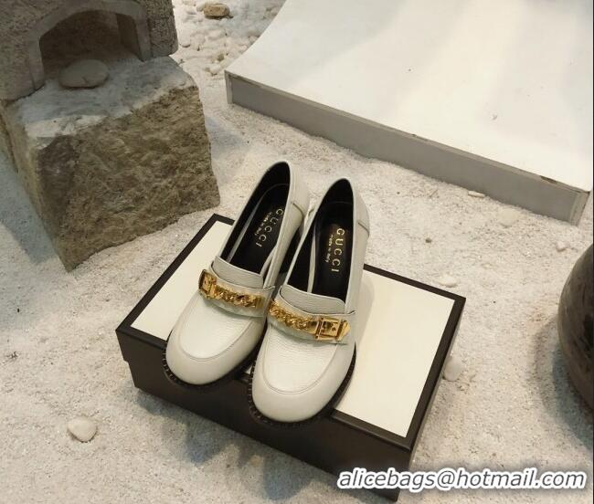 Popular Style Gucci Leather High-heel Loafers with Chain 626594 White 2020