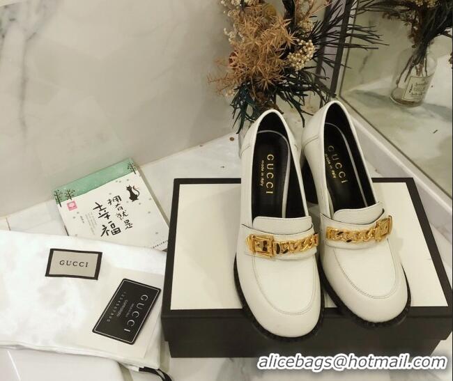 Popular Style Gucci Leather High-heel Loafers with Chain 626594 White 2020