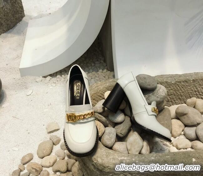 Popular Style Gucci Leather High-heel Loafers with Chain 626594 White 2020