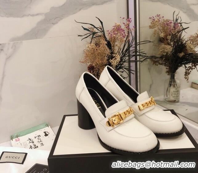 Popular Style Gucci Leather High-heel Loafers with Chain 626594 White 2020