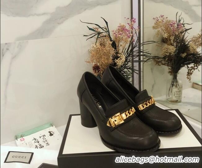 Unique Style Gucci Leather High-heel Loafers with Chain 626594 Black 2020